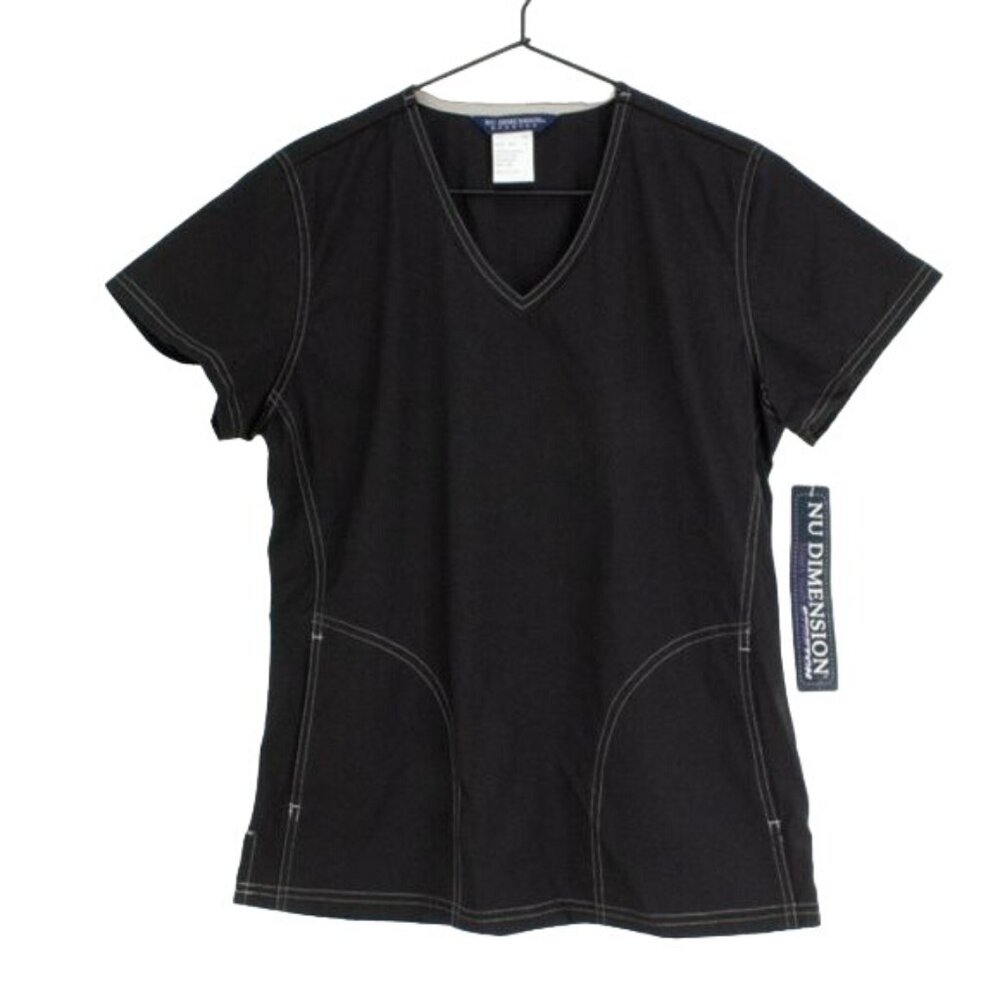Nu Dimension Black V-Neck Medical Scrub Top W/ Khaki Stitching